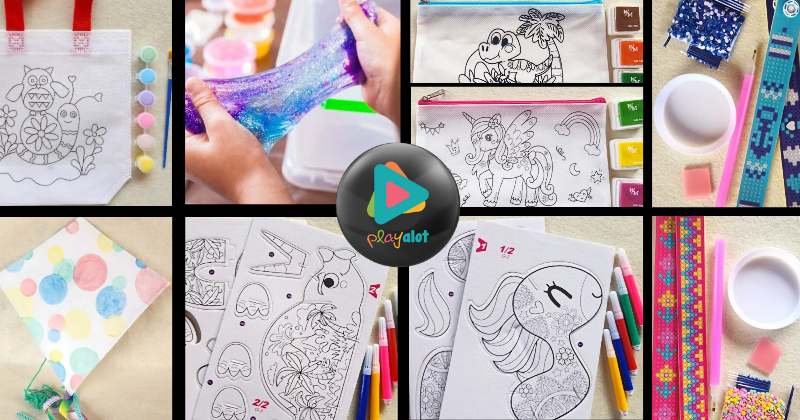 A collage showcasing kids' creative activities such as drawing, playing with slime, coloring, and making crafts at Playalot® Indoor Adventure Park.