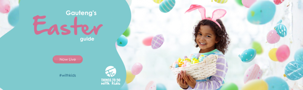Child holding a basket full of colorful Easter eggs, wearing bunny ears, with floating pastel-colored eggs in the background. Gauteng's Easter guide now live.