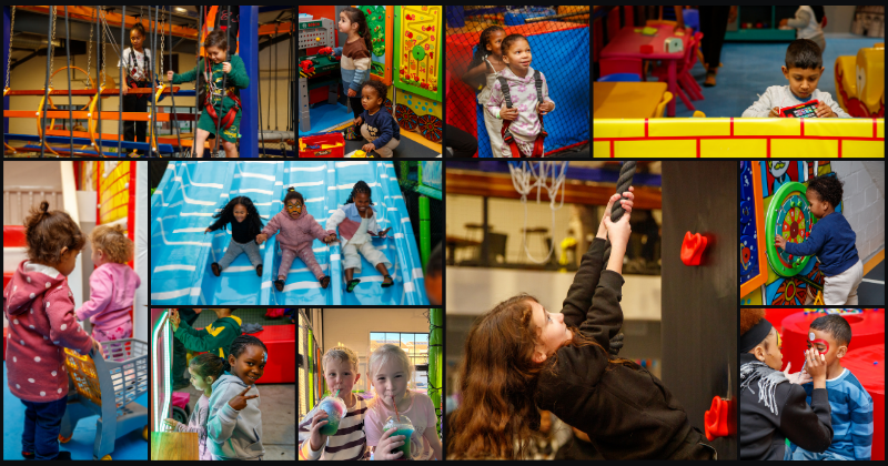 A collage of children enjoying various activities at Playalot® Durbanville, including climbing, playing in ball pits, and interacting with fun attractions.