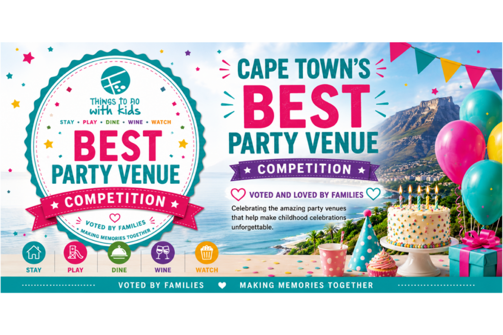Vibrant and festive graphic celebrating Cape Town's Best Party Venue 2026. Features a playful, family-friendly design with a colorful badge, confetti, balloons, and Table Mountain in the background. Text highlights that the venue is nominated and voted for by families, emphasizing celebration and fun.