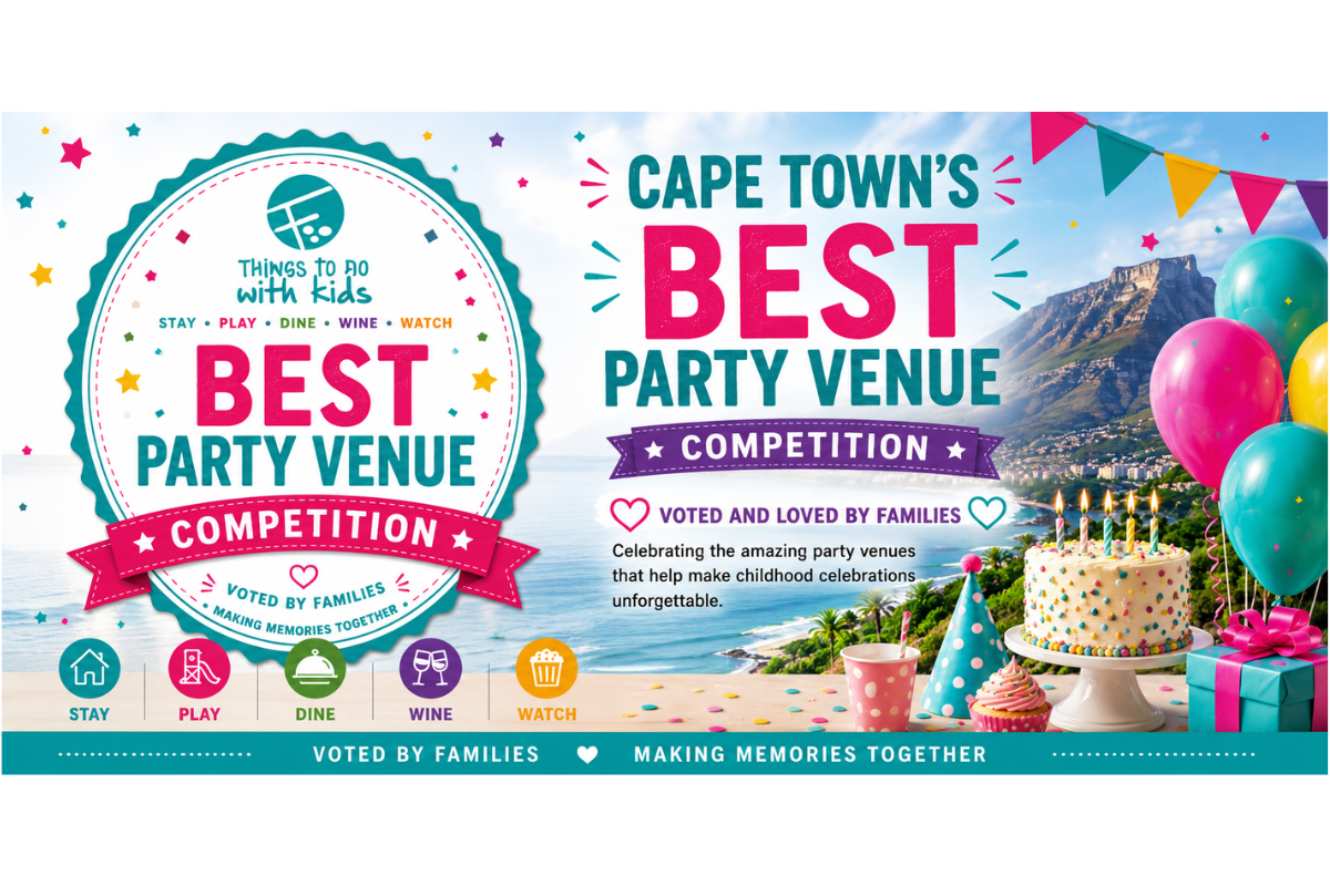 Vibrant and festive graphic celebrating Cape Town's Best Party Venue 2026. Features a playful, family-friendly design with a colorful badge, confetti, balloons, and Table Mountain in the background. Text highlights that the venue is nominated and voted for by families, emphasizing celebration and fun.