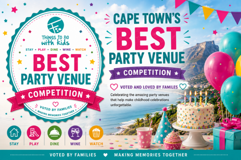 Vibrant and festive graphic celebrating Cape Town's Best Party Venue 2026. Features a playful, family-friendly design with a colorful badge, confetti, balloons, and Table Mountain in the background. Text highlights that the venue is nominated and voted for by families, emphasizing celebration and fun.