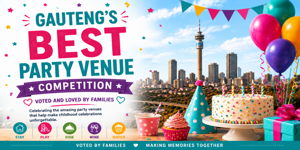 Vibrant and festive promotional banner for the Gauteng Best Party Venue competition. Features playful, family-friendly illustrations with children celebrating, colorful balloons, confetti, cake, and a lively Johannesburg city skyline in the background. Bold, cheerful typography highlights the competition and conveys a fun, energetic atmosphere for families.