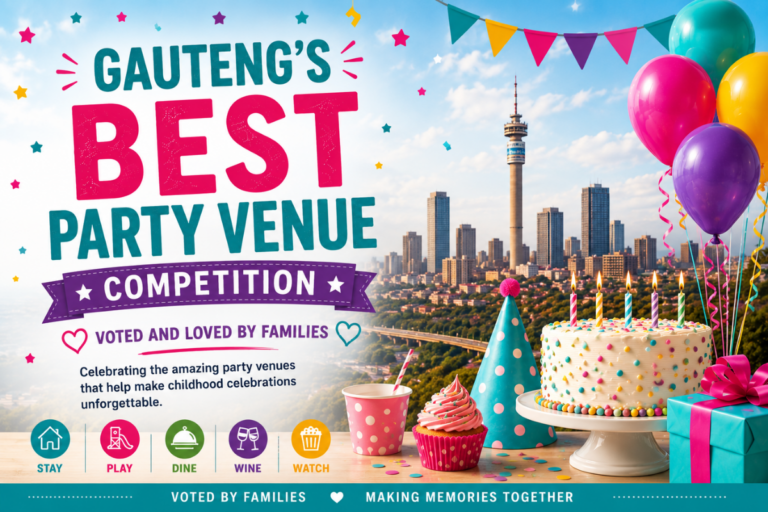 Vibrant and festive promotional banner for the Gauteng Best Party Venue competition. Features playful, family-friendly illustrations with children celebrating, colorful balloons, confetti, cake, and a lively Johannesburg city skyline in the background. Bold, cheerful typography highlights the competition and conveys a fun, energetic atmosphere for families.