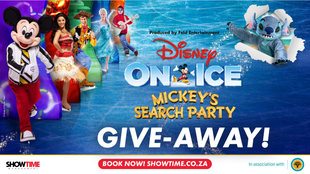 Disney On Ice Mickey’s Search Party giveaway promotional banner featuring Disney characters and bold “Give-Away” text, highlighting competition for family tickets in South Africa.