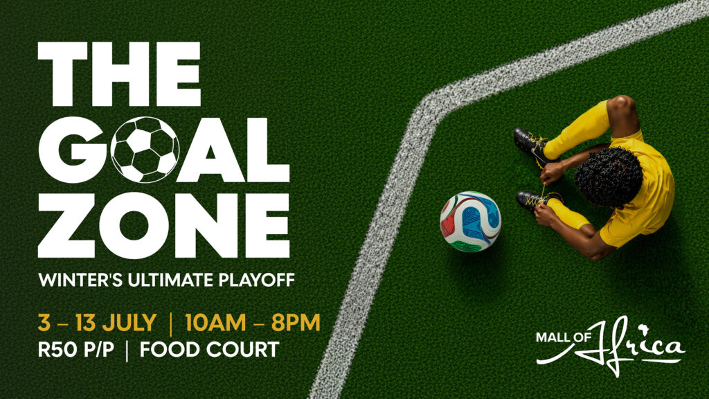The Goal Zone football event at Mall of Africa, featuring a player on an indoor soccer field for winter family fun.