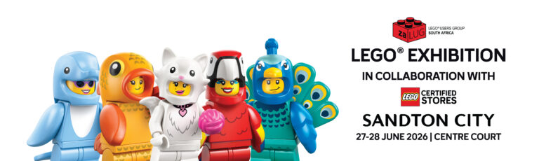 LEGO minifigures dressed as a dolphin, fish, cat, parrot, and peacock for the zaLUG LEGO exhibition at Sandton City, 27–28 June 2026.