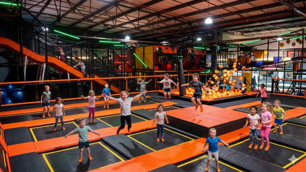 Children jumping on trampolines at be.UP Cresta indoor play park, a fun winter activity for families in Gauteng.