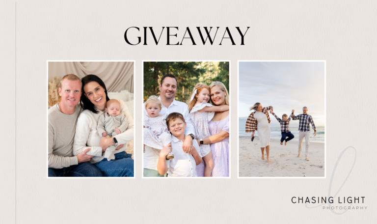 Chasing Light Photography giveaway image featuring family photo session examples with newborn, beach and family portraits.