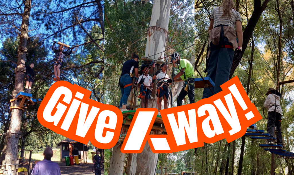 Acrobranch adventure giveaway collage showing people tackling treetop obstacle courses with “Give-A-Way!” text.