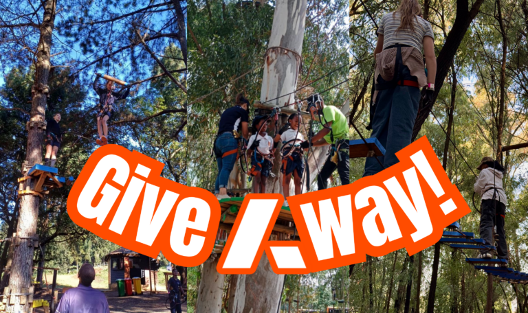 Acrobranch adventure giveaway collage showing people tackling treetop obstacle courses with “Give-A-Way!” text.