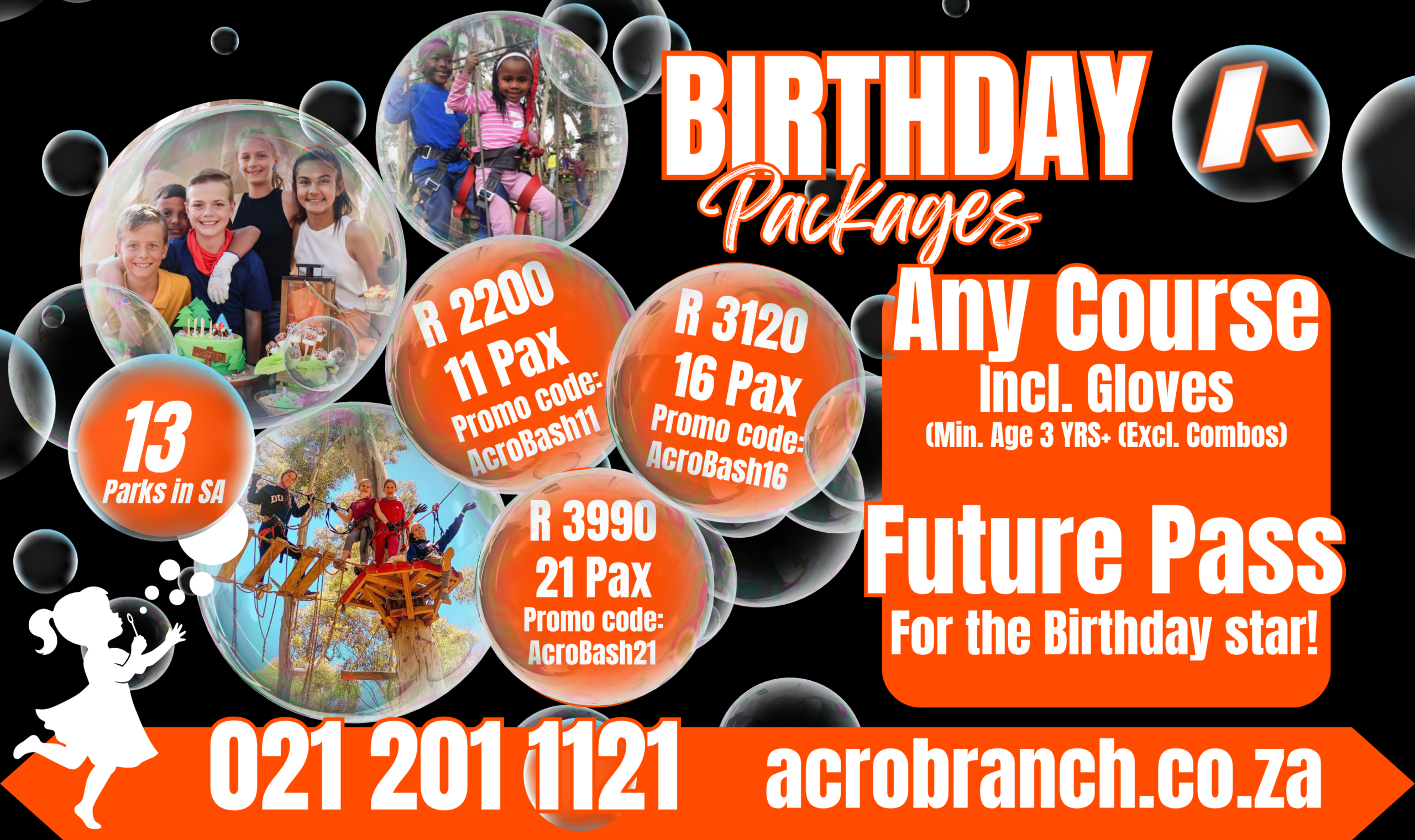 Acrobranch birthday packages in South Africa with group rates for 11, 16 or 21 guests, including gloves and a future pass for the birthday child.