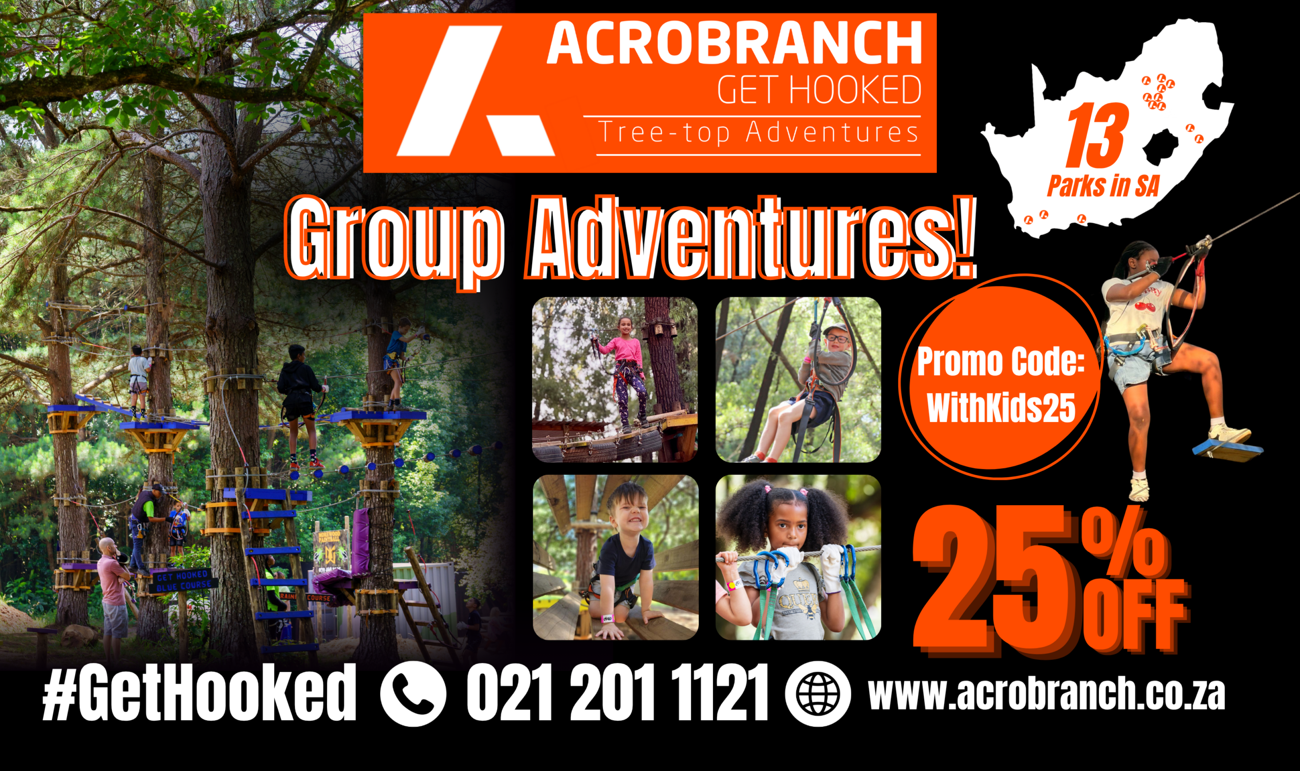 Acrobranch group adventures in South Africa with treetop obstacle courses, ziplining and a 25% off promo code for Things to do With Kids readers.
