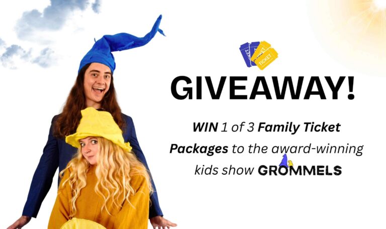 Grommels giveaway at the Baxter Theatre in Cape Town, with Bluegrommel and Yellowgrommel promoting family ticket prizes for the award-winning kids’ show.