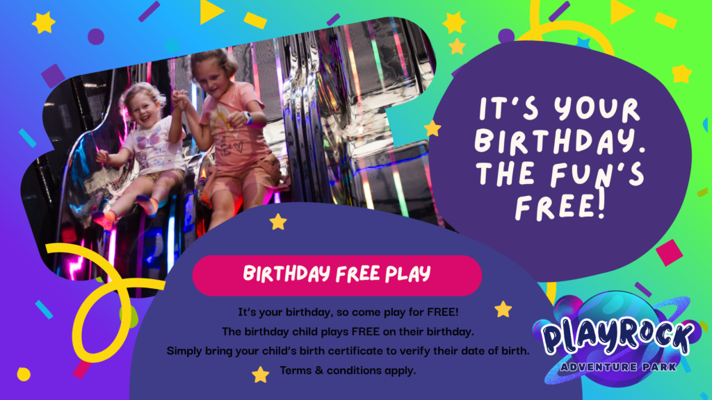 Playrock Adventure Park birthday free play promotion with children enjoying indoor play