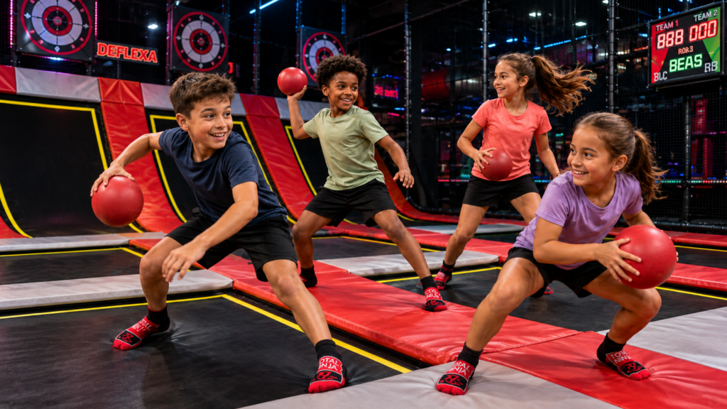 Children playing an indoor ninja obstacle course at Total Ninja