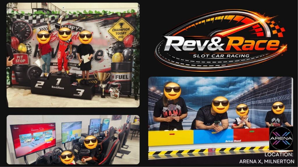 Rev&Race family racing experience with slot car racing, racing simulators and podium celebrations